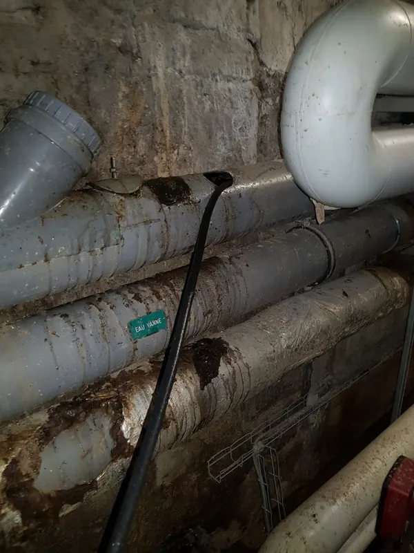 Flexible haute pression engagé dans un collecteur d'eaux vannes en cave